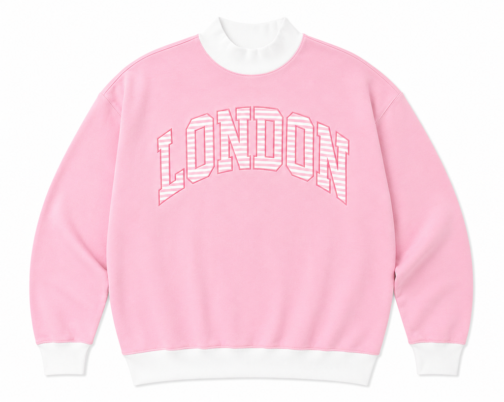 Pink sweatshirt with 'LONDON' text on a white background