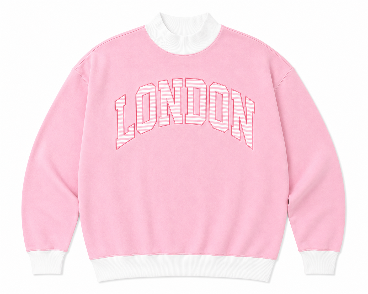 Pink sweatshirt with 'LONDON' text on a white background