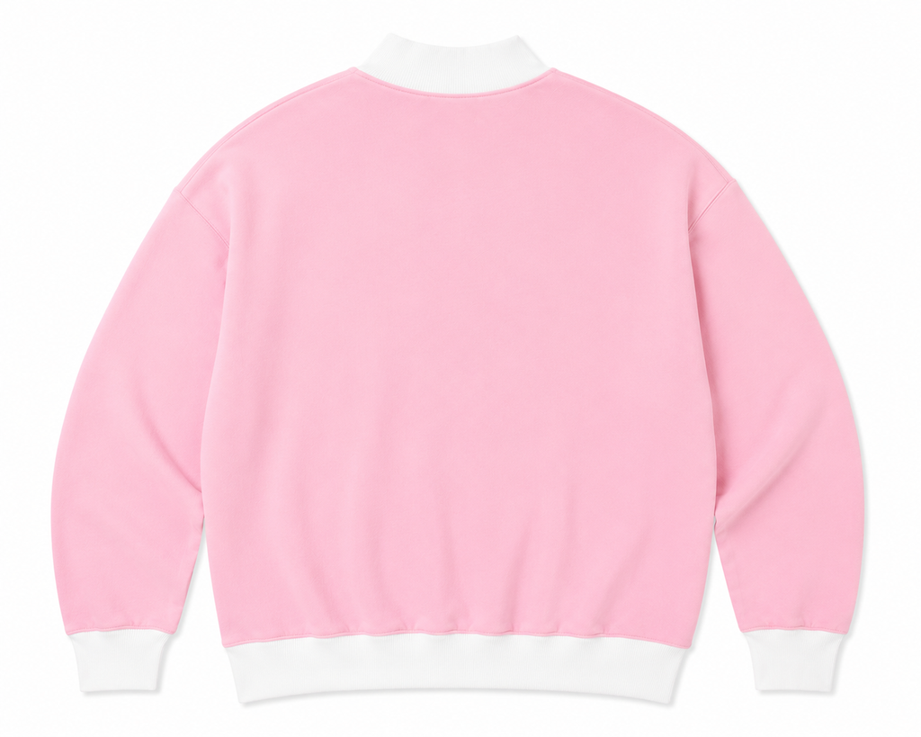 Pink sweater with white trim on a white background