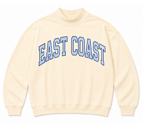 A product presentation showing a light yellow colored sweatshirt with EAST COAST letters arched on the center of the chest with blue and white stripes.